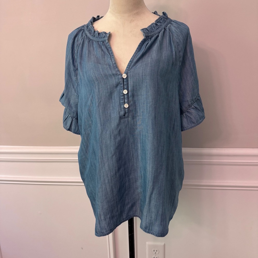 Lands End Cottagecore Lyocell Ruffle Neck Denim Tunic Blouse Large 14-16